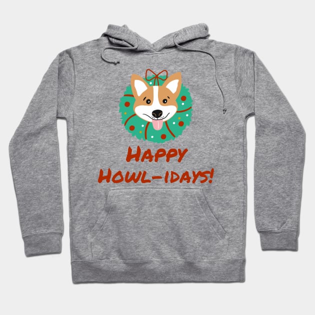 Happy Howlidays Dog Corgi Christmas Wreath Hoodie by MGuyerArt